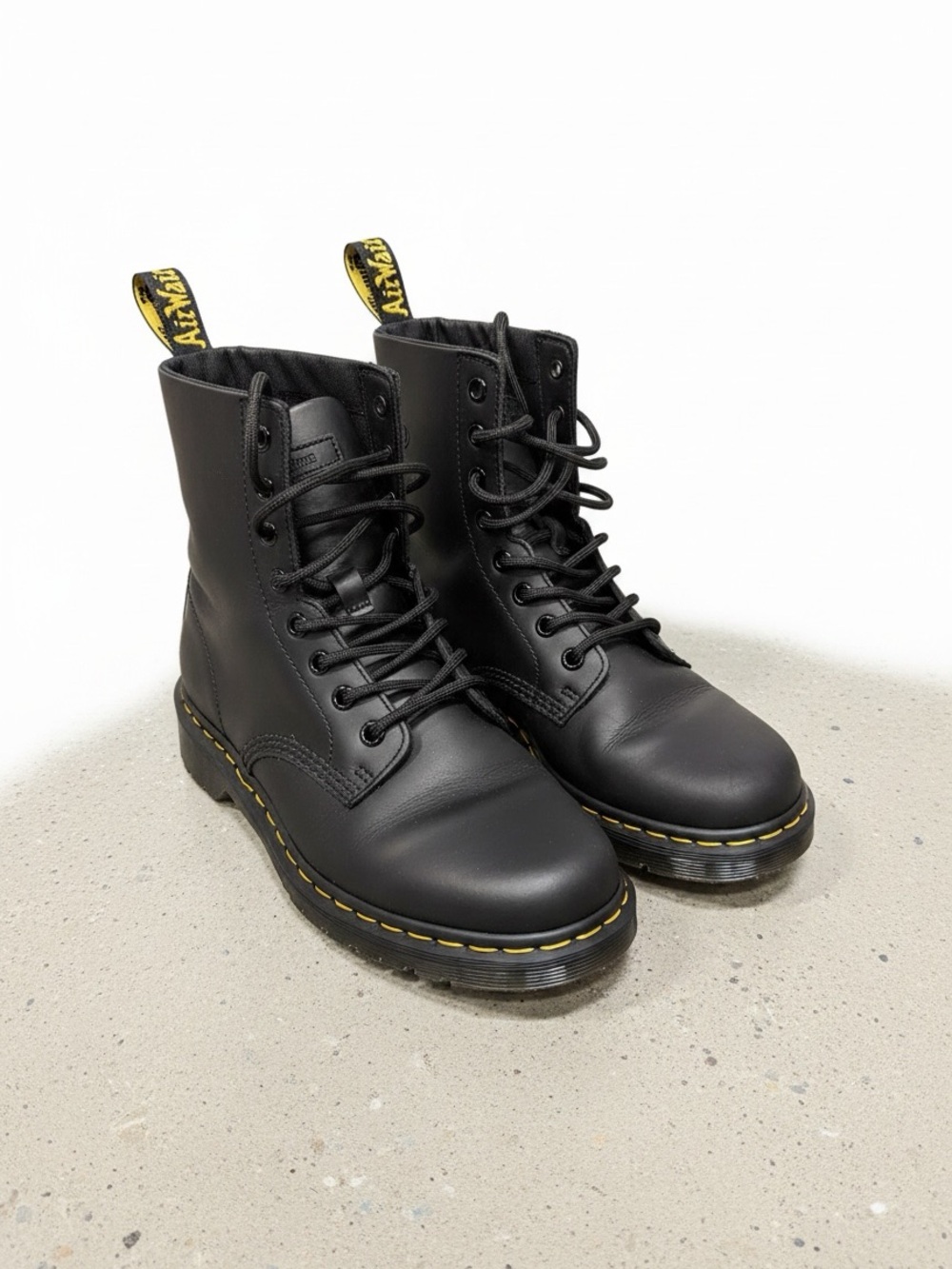 Dr. Martens Black Leather Lace-Up Combat Boots with Yellow Stitching